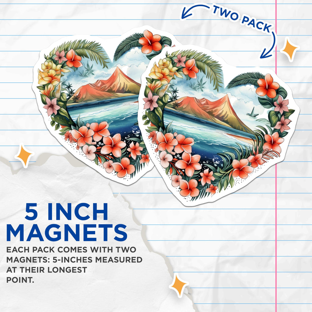 (2 Pack) Hawaiian Tropical Island Magnets - Scenic Beach Landscape - Plumeria Floral Heart Art - 5 Inches On Longest Side - Thick Durable Magnet - Made in USA - MAG20121