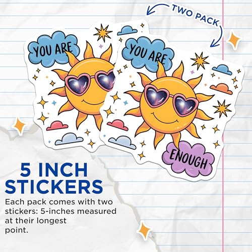 (2 Pack) You are Enough Stickers - Motivational Sun Stickers - Positive Quote Decals for Laptops and Water Bottles - 5" On Longest Side - Sticks to Smooth Flat Surfaces - Made in USA - BMCS6565