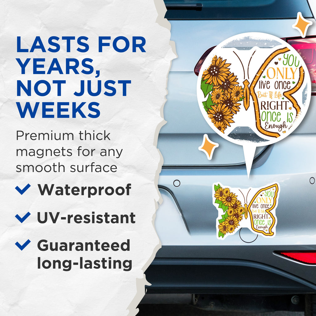 (2 Pack) Sunflower Butterfly Magnets - You Only Live Once Quote - Inspirational Fridge Decor - 5 Inches On Longest Side - Thick Durable Magnet - Made in USA - MAG38638