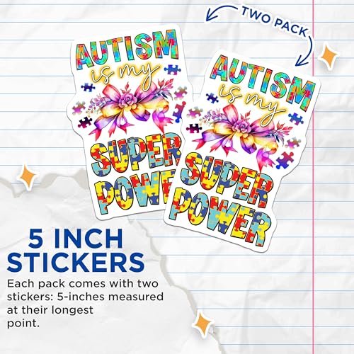 (2 Pack) Autism is My Superpower Stickers - Inspirational Quote Stickers - Awareness Stickers - 5" On Longest Side - Sticks to Smooth Flat Surfaces - Made in USA - BMCS6649