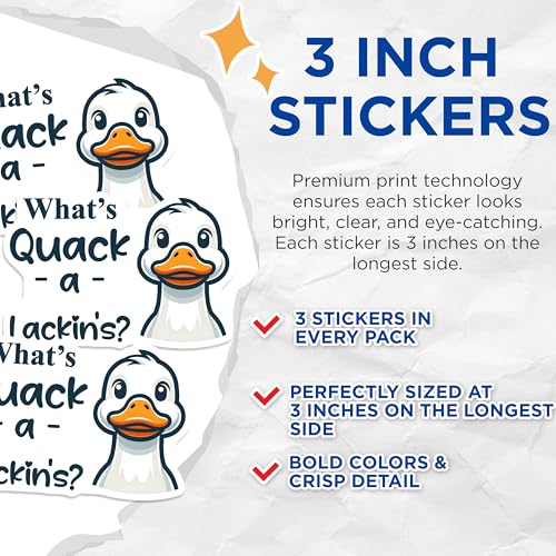 (3 Pack) Duck Decals - Whats Quackin Decal - Funny Laptop Decals - 3 Inches On Longest Side - Easy Peel & Apply - Made in USA - 3MCS4423