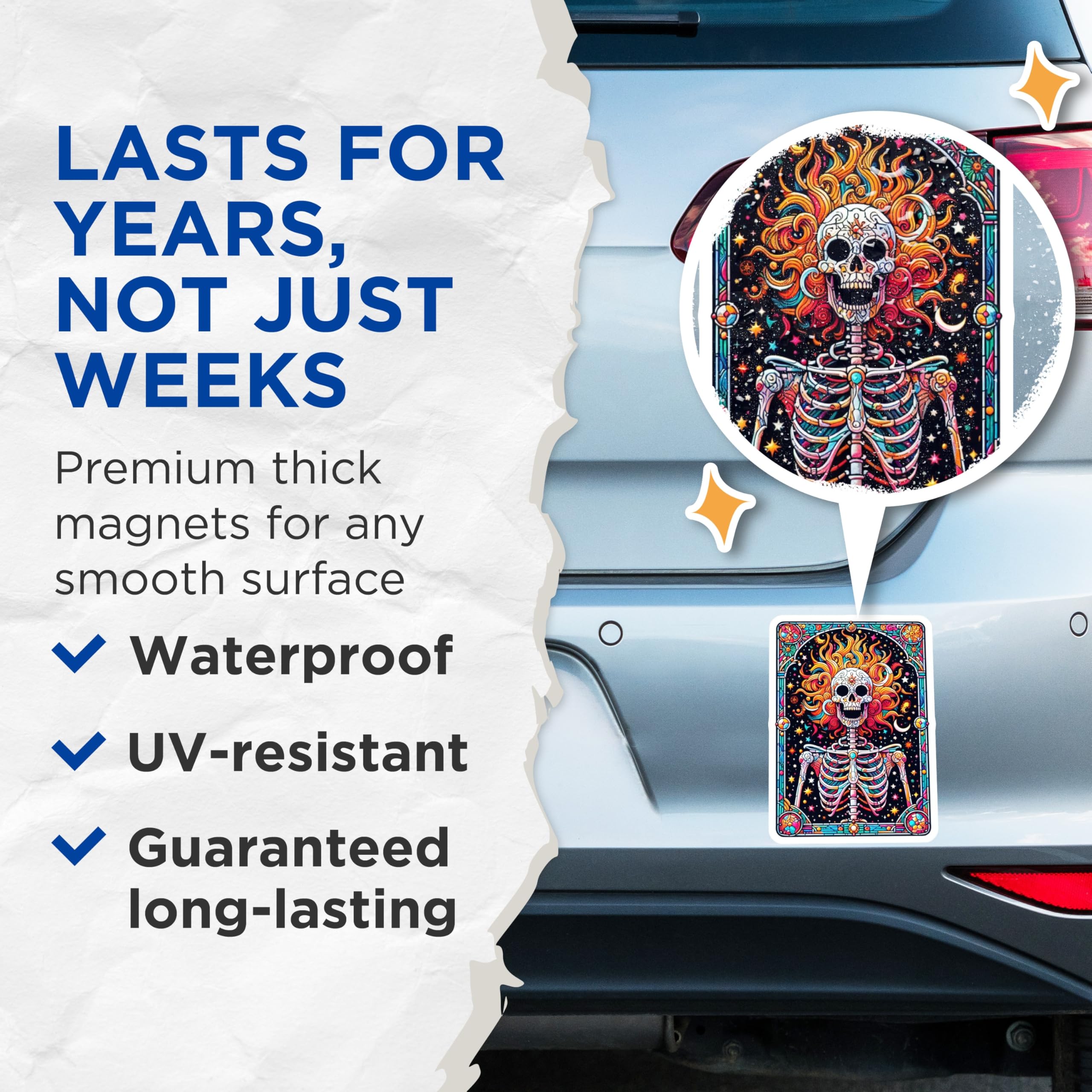 (2 Pack) Stained Glass Skeleton Magnets - Dia de Los Muertos Art - Psychedelic Skull Decor - 5 Inches On Longest Side - Thick Durable Magnet - Made in USA - MAG22424