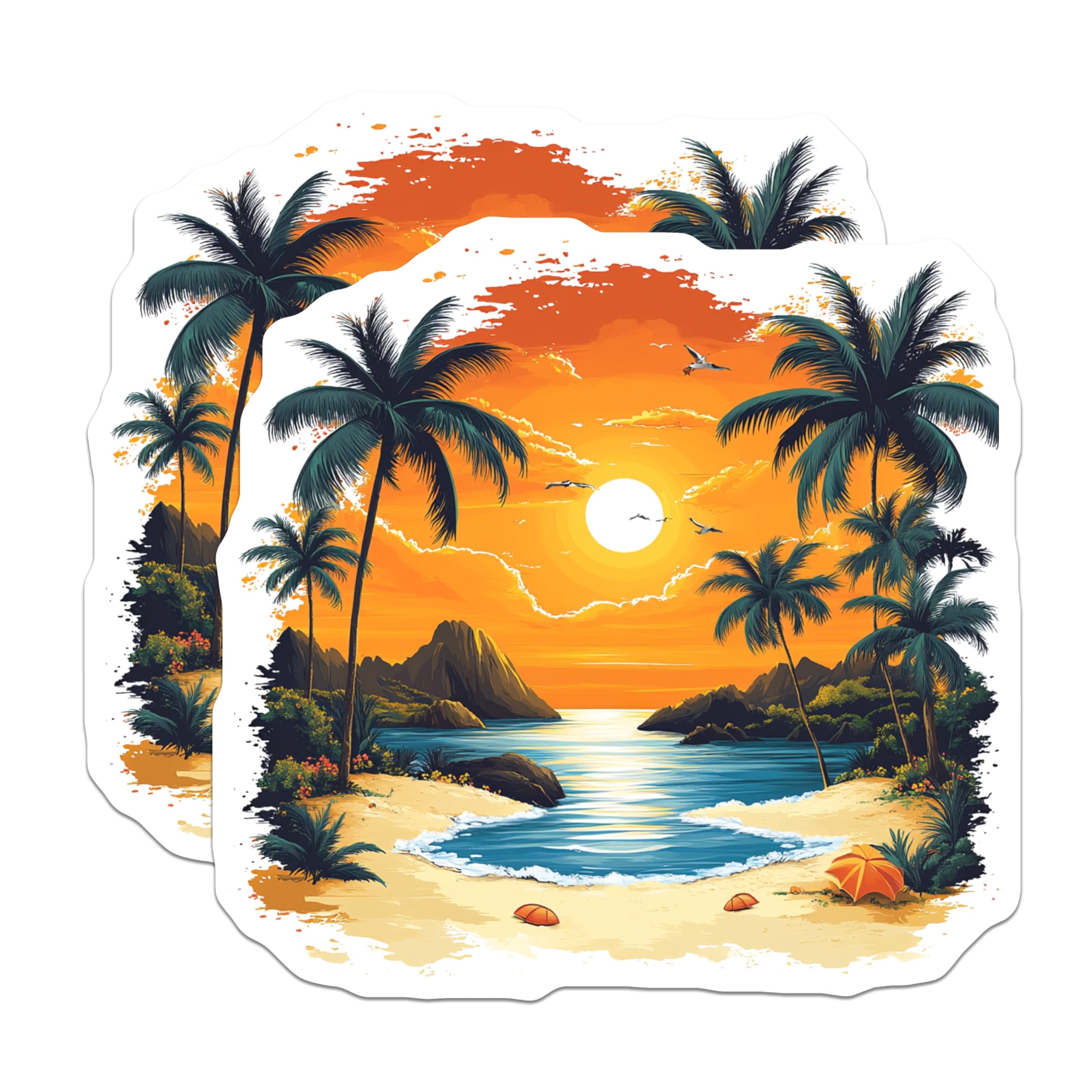 (2 Pack) Tropical Beach Sunset Magnets - Palm Tree Ocean Scene - Vacation Theme Fridge Decor - 5 Inches On Longest Side - Thick Durable Magnet - Made in USA - MAG25158