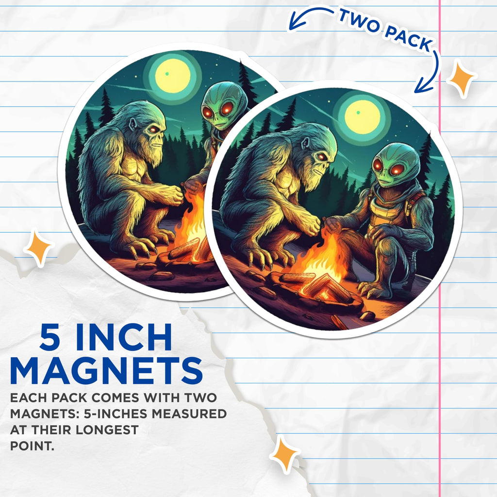 (2 Pack) Bigfoot Alien Magnets - Sasquatch Extraterrestrial Campfire Scene - Cryptid Mythical Creature UFO Forest Night Decor - 5 Inches On Longest Side - Thick Durable Magnet - Made in USA - MAG22199