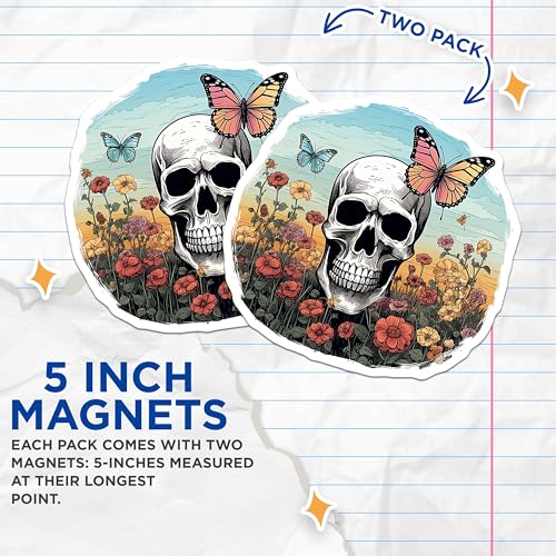 (2 Pack) Skull and Butterfly Magnets - Floral Skull Design - Nature Lovers - Gothic Art Magnets - Skull Floral Art - 5" On Longest Side - for Cars, Fridges, Toolboxes - Made in USA - MAG4237