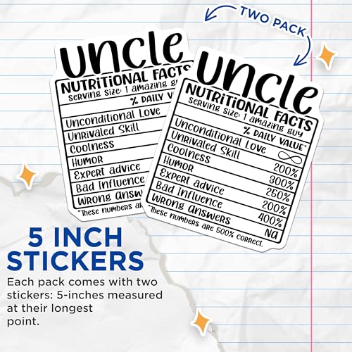 (2 Pack) Uncle Nutritional Facts Stickers - Funny Uncle Meme - Humorous Decal for Uncle's Day - 5" On Longest Side - Sticks to Smooth Flat Surfaces - Made in USA - BMCS4528