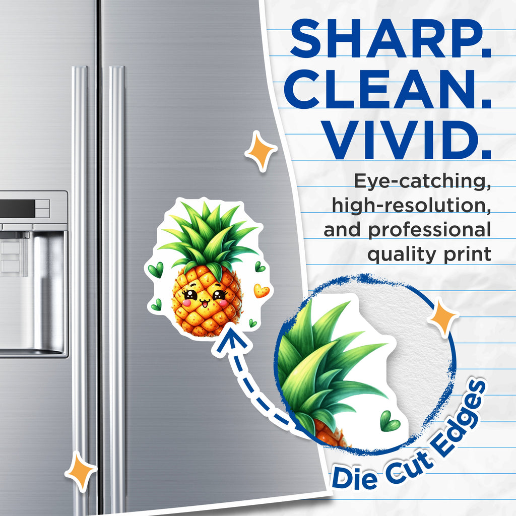 (2 Pack) Kawaii Pineapple Magnets - Cute Fruit Decor - Tropical Fridge Accessory - Happy Locker Magnet - 5 Inches On Longest Side - Thick Durable Magnet - Made in USA - MAG36798