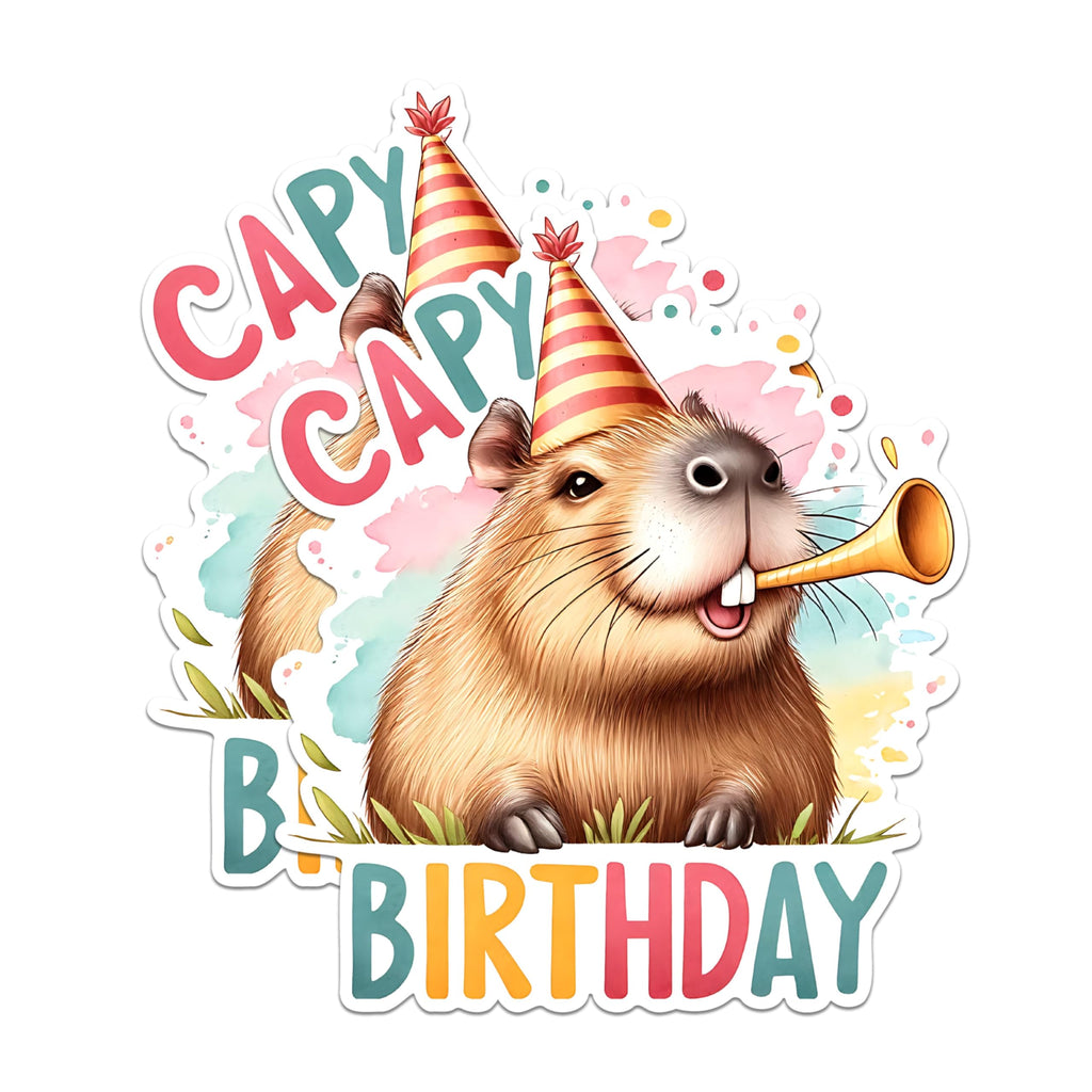 (2 Pack) Capybara Birthday Stickers - Funny Animal Party Stickers - Birthday Celebration Stickers - 5" On Longest Side - Sticks to Any Smooth Flat Surface - Made in USA - BMCS2673