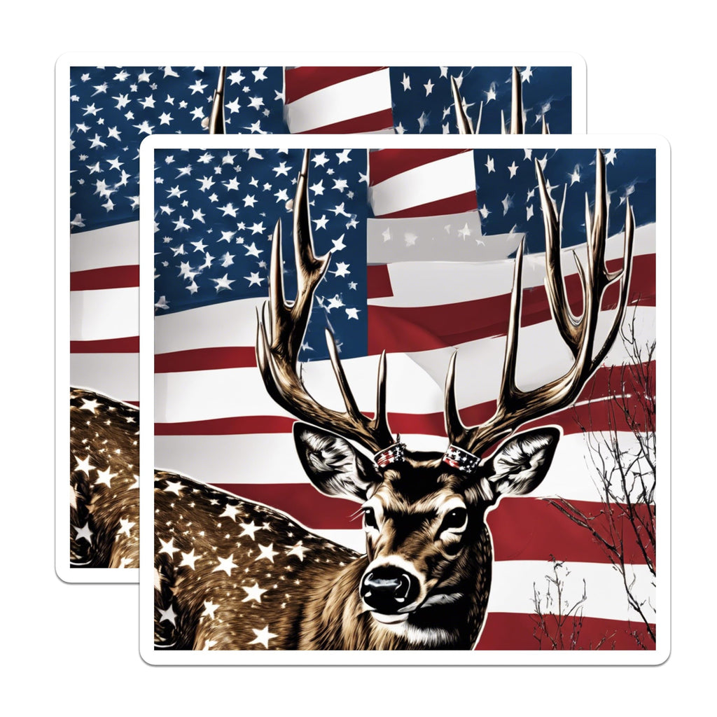 (2 Pack) Patriotic Deer Stickers - American Flag Buck - USA Wildlife Hunter - 5" On Longest Side - Sticks to Smooth Flat Surfaces - Made in USA - BMCS20078