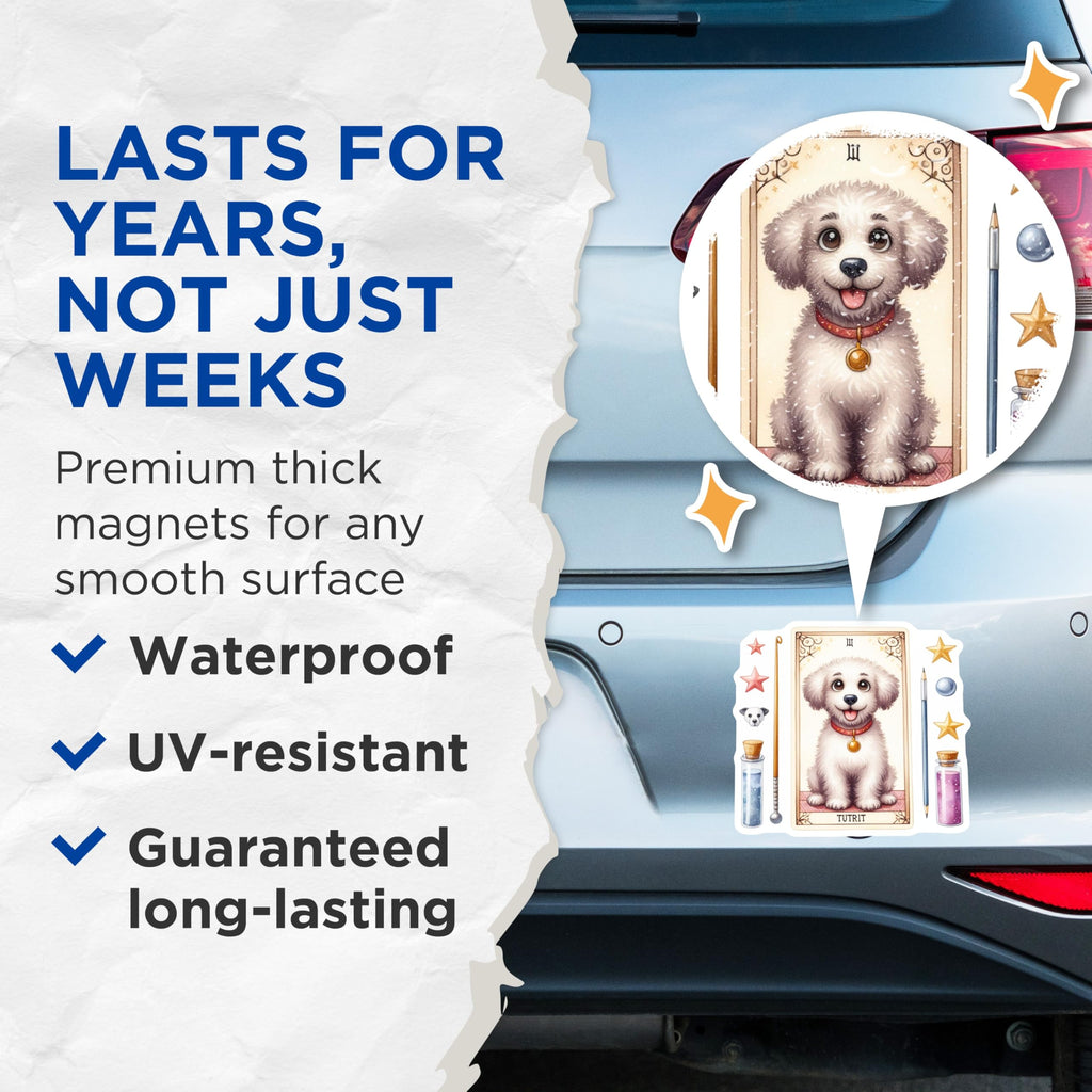 (2 Pack) Cute Fluffy Puppy Magnets - Whimsical Dog Tarot Card Design - Magical Refrigerator Decor for Pet Lovers - 5 Inches On Longest Side - Thick Durable Magnet - Made in USA - MAG21555