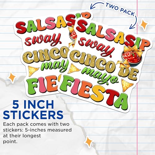 (2 Pack) Cinco De Mayo Stickers - Salsa Fiesta - Salsasip Sway Nacho - 5" On Longest Side - Sticks to Smooth Flat Surfaces - Made in USA - BMCS8232