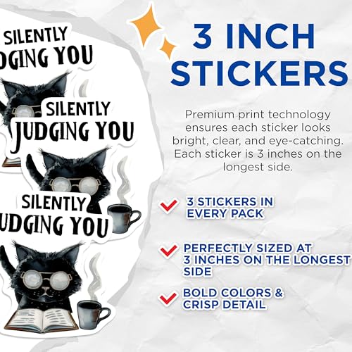 (3 Pack) Silently Judging You Decals - Funny Cat Sticker - Sarcastic Cat Decal - 3 Inches On Longest Side - Easy Peel & Apply - Made in USA - 3MCS0568