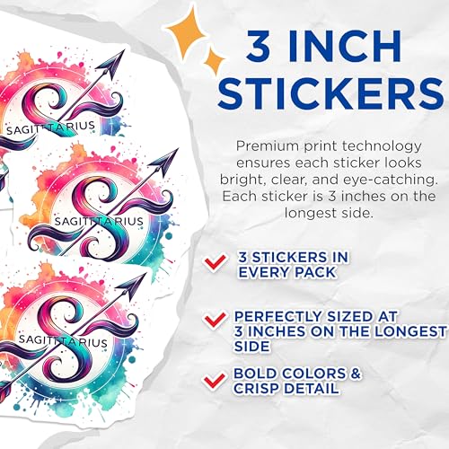 (3 Pack) Sagittarius Zodiac Decals - Horoscope Arrow Sign - Astrology Lover Stickers- 3 Inches On Longest Side - Easy Peel & Apply - Made in USA - 3MCS5679