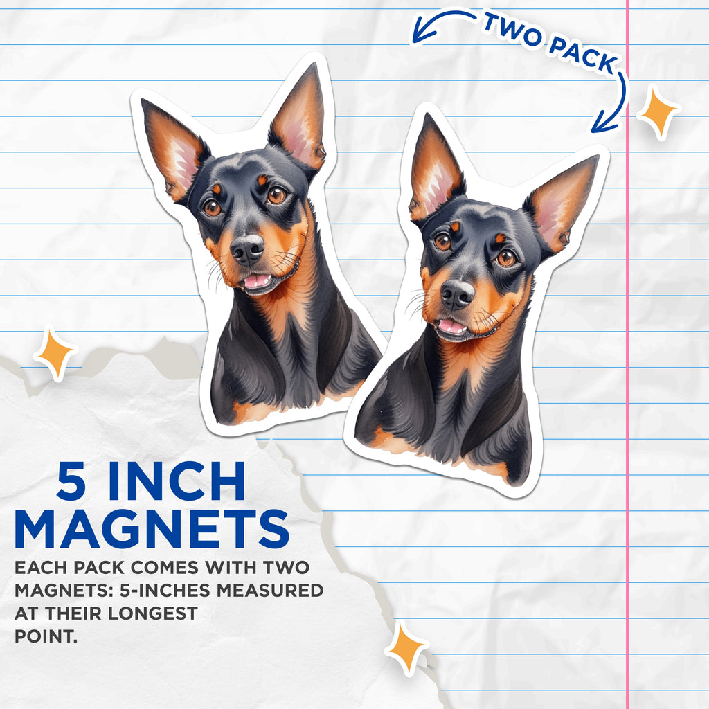 (2 Pack) Min Pin Dog Magnets - Watercolor Miniature Pinscher Art - Dog Owner Fridge Kitchen Decor - 5 Inches On Longest Side - Thick Durable Magnet - Made in USA - MAG37615