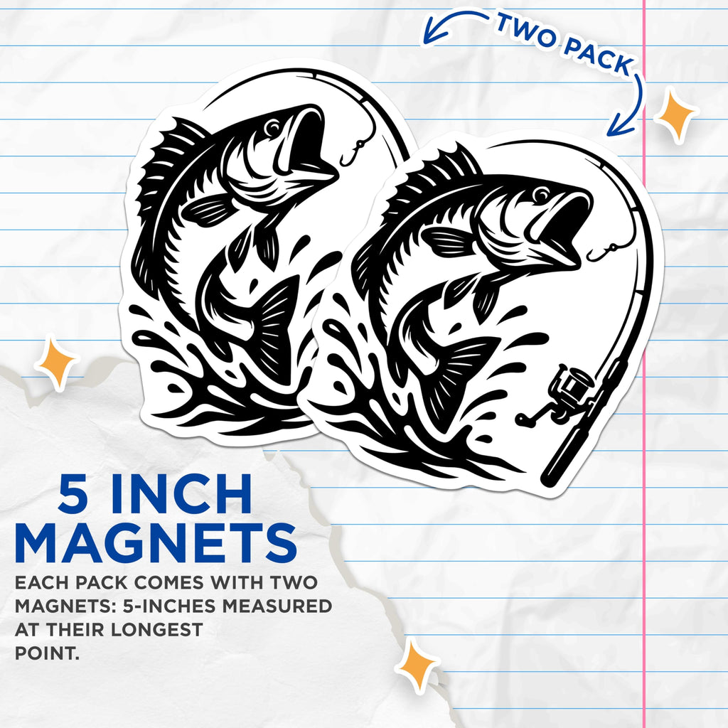 (2 Pack) Fishing Magnets - Jumping Bass Graphic - Angler Refrigerator Decor - 5" On Longest Side - Premium Magnet - for Cars, Refrigerators, Toolboxes, Lockers - Made in USA - MAG16615