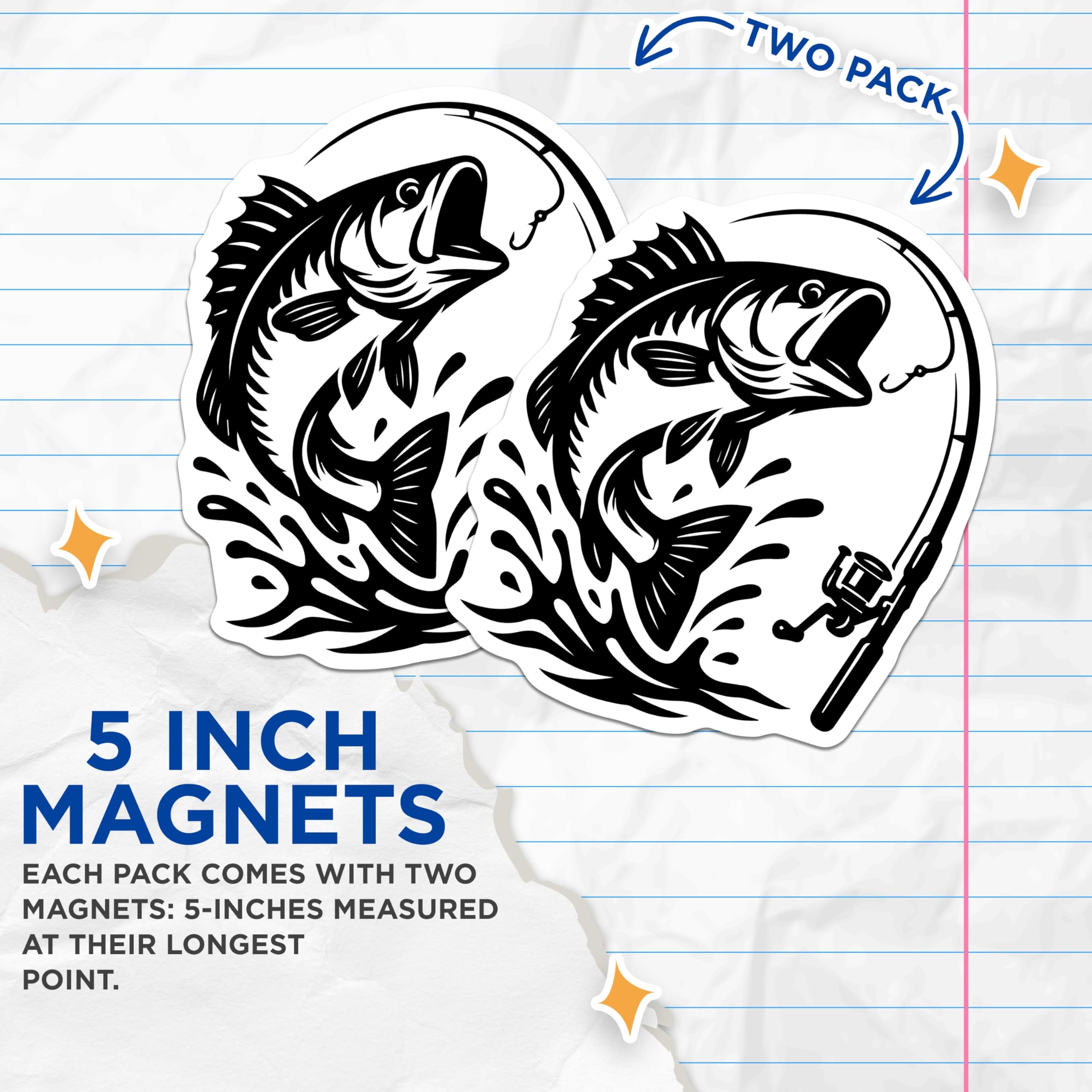 (2 Pack) Fishing Magnets - Jumping Bass Graphic - Angler Refrigerator Decor - 5" On Longest Side - Premium Magnet - for Cars, Refrigerators, Toolboxes, Lockers - Made in USA - MAG16615
