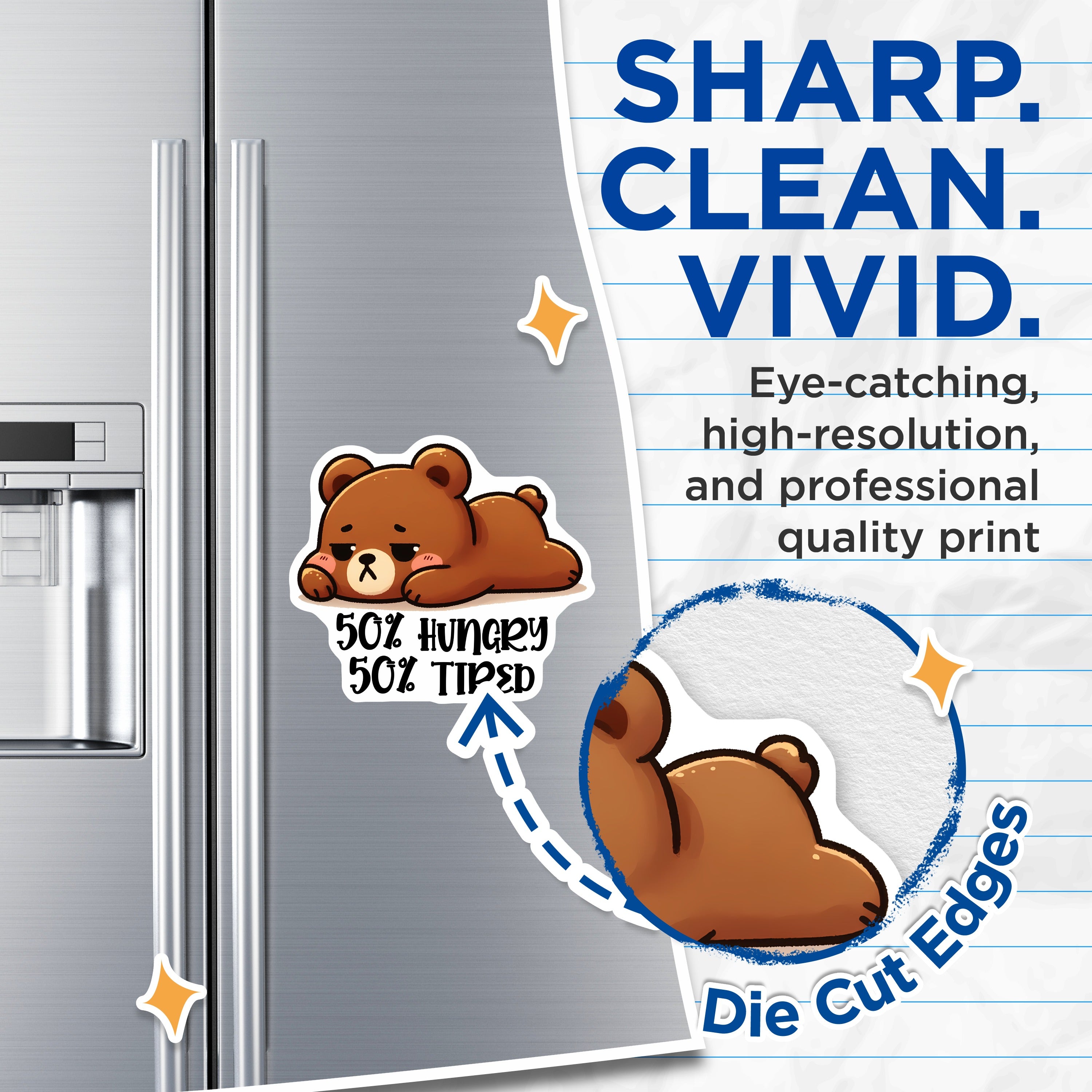 (2 Pack) Hungry Tired Bear Magnets - Kawaii Animal Fridge - Relatable Cute Locker Decor - 5 Inches On Longest Side - Thick Durable Magnet - Made in USA - MAG37926