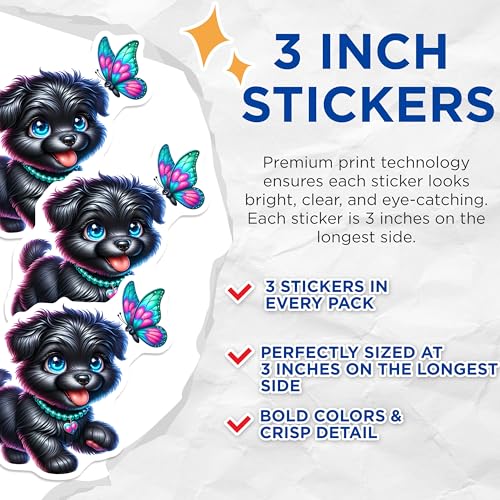 (3 Pack) Cute Puppy Decals - Black Dog Stickers - Butterfly Art Decals - 3 Inches On Longest Side - Easy Peel & Apply - Made in USA - 3MCS8365