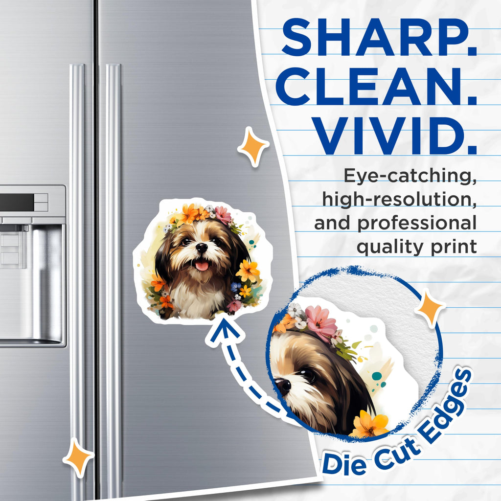 (2 Pack) Shih Tzu Magnets - Watercolor Dog Art - Flower Crown Puppy Accessory - 5 Inches On Longest Side - Thick Durable Magnet - Made in USA - MAG25503