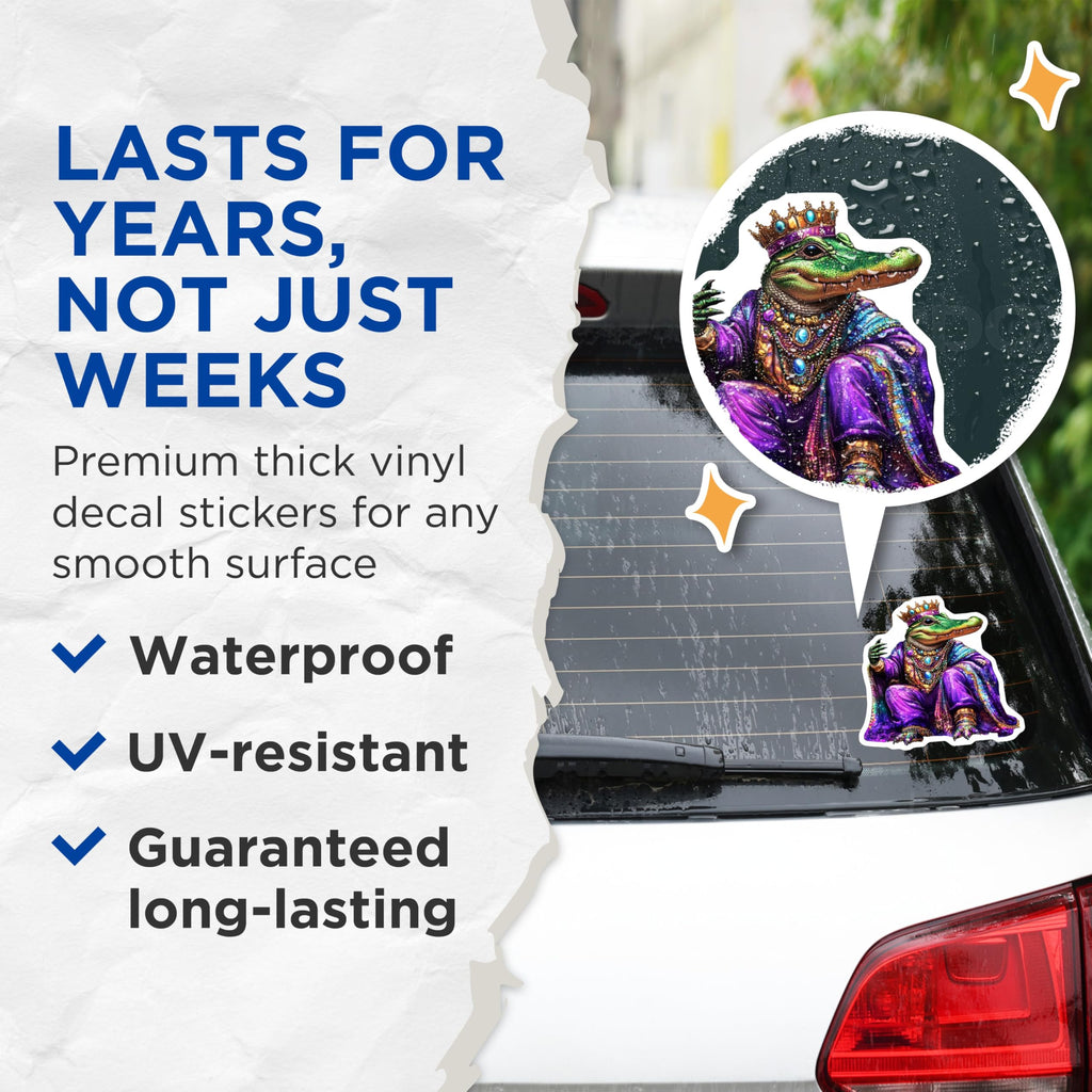 (2 Pack) Alligator King Stickers - Mardi Gras Decor - Louisiana Mascot - 5" On Longest Side - Sticks to Smooth Flat Surfaces - Made in USA - BMCS14296