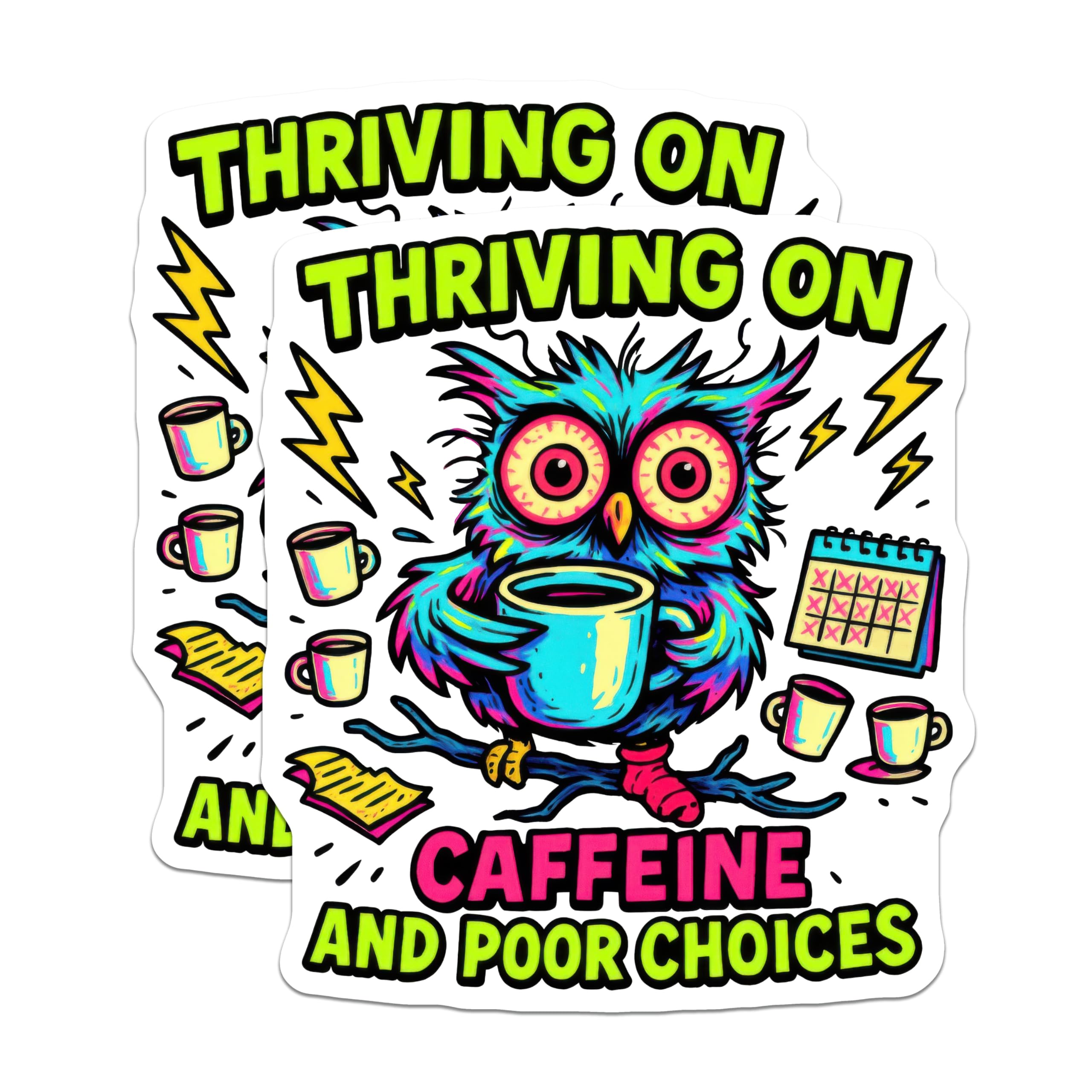 (2 Pack) Thriving On Caffeine Magnets - Tired Owl Poor Choices Decor - Coffee Lover Refrigerator Art - 5 Inches On Longest Side - Thick Durable Magnet - Made in USA - MAG20450