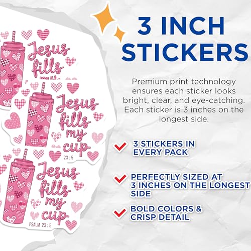 (3 Pack) Jesus Fills My Cup Decals - Psalm 23 5 - Christian Laptop Decals - 3 Inches On Longest Side - Easy Peel & Apply - Made in USA - 3MCS7686