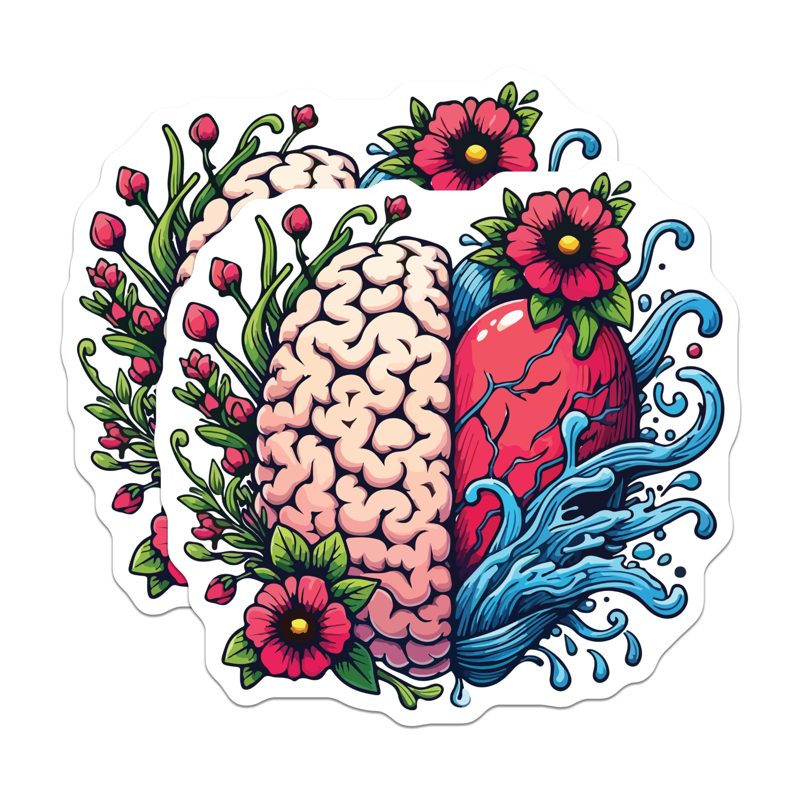 (2 Pack) Brain Heart Magnets - Mindful Emotion Art Decor - Intellectual Scientific Floral Design Display for Fridge Locker - 5 Inches On Longest Side - Thick Durable Magnet - Made in USA - MAG19569