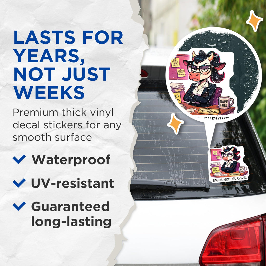(2 Pack) Stressed Cow Office Stickers - Corporate Humor - Work Life Survival - 5" On Longest Side - Sticks to Smooth Flat Surfaces - Made in USA - BMCS20485