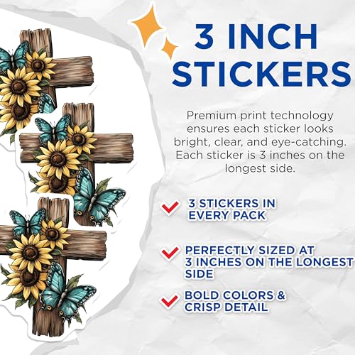(3 Pack) Rustic Cross Decals - Butterfly and Sunflower Decal - Religious Laptop Decals - 3 Inches On Longest Side - Easy Peel & Apply - Made in USA - 3MCS7498