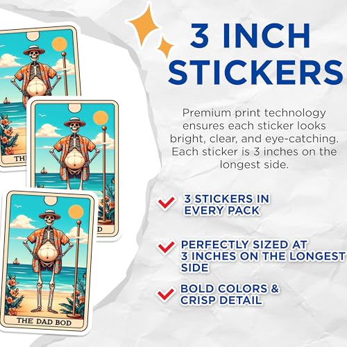 (3 Pack) Dad BOD Skeleton Decals - Funny Beach Decal - Laptop Decals - 3 Inches On Longest Side - Easy Peel & Apply - Made in USA - 3MCS4145