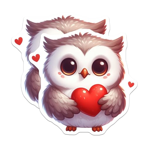(2 Pack) Cute Owl Love Stickers - Adorable Animal Stickers - Heart Holding Owl Stickers - Cartoon Owl Lovers - 5" On Longest Side - Sticks to Smooth Flat Surfaces - Made in USA - BMCS3675