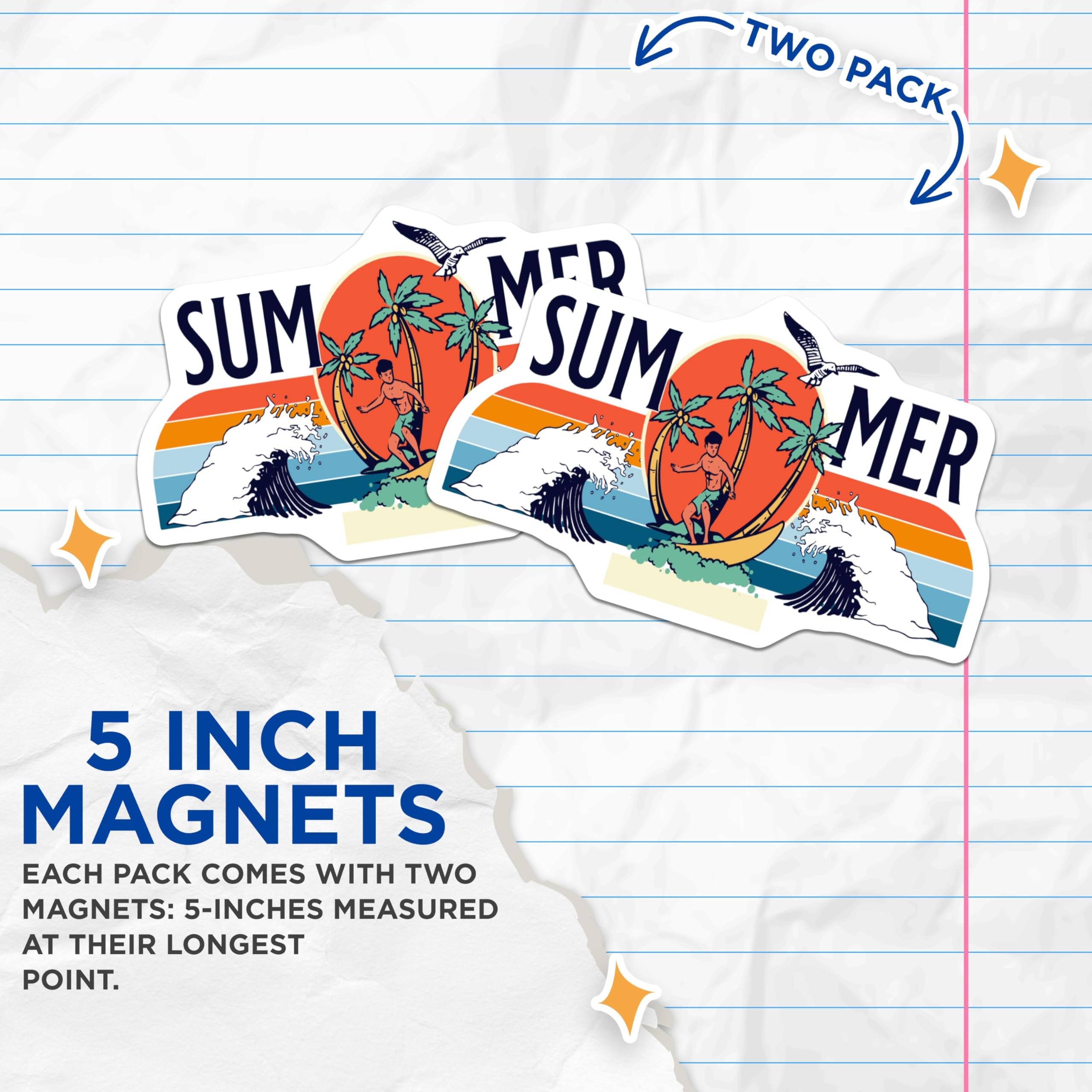 (2 Pack) Summer Surfing Magnets - Beach Scene Magnets - Tropical Palm Tree Fridge Magnets - 5" On Longest Side - Premium Magnet - for Cars, Refrigerators, Toolboxes, Lockers - Made in USA - MAG18683