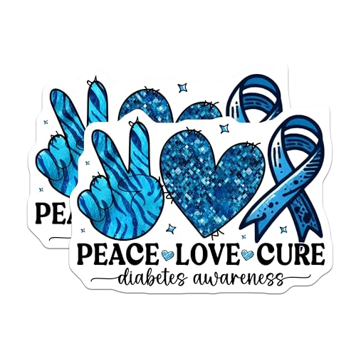 (2 Pack) Peace Love Cure Stickers - Diabetes Awareness Stickers - Blue Ribbon Stickers - 5" On Longest Side - Sticks to Smooth Flat Surfaces - Made in USA - BMCS3816