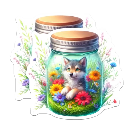 (2 Pack) Cute Fox in a Jar Stickers - Animal Jar Art - Adorable Fox Stickers - 5" On Longest Side - Sticks to Smooth Flat Surfaces - Made in USA - BMCS9383