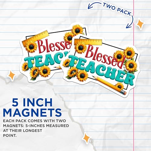 (2 Pack) Blessed Teacher Magnets - Teacher Appreciation - Classroom Decor - Teacher's Desk Sign - 5" On Longest Side - for Cars, Fridges, Toolboxes - Made in USA - MAG80