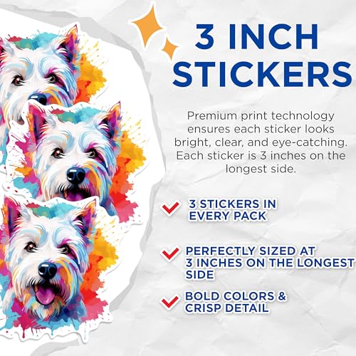 (3 Pack) Westie Decals - White Terrier Dog - Laptop Decals - 3 Inches On Longest Side - Easy Peel & Apply - Made in USA - 3MCS0852