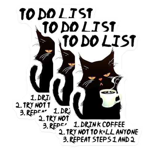 (3 Pack) Funny Cat Decals - to Do List - Coffee Lover Stickers - 3 Inches On Longest Side - Easy Peel & Apply - Made in USA - 3MCS6592