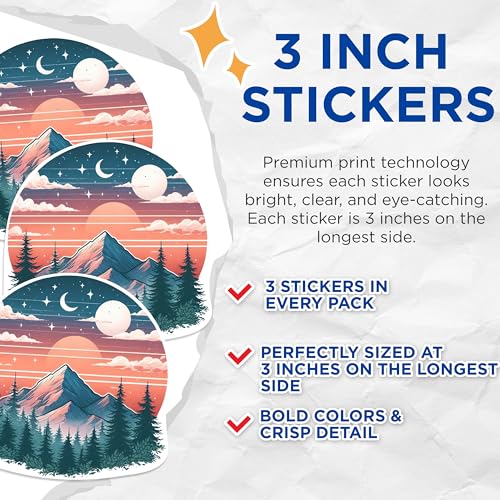 (3 Pack) Mountain Sunset Decals - Nature Landscape - Laptop Decal - 3 Inches On Longest Side - Easy Peel & Apply - Made in USA - 3MCS1166