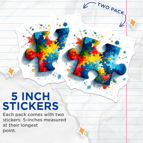 (2 Pack) Puzzle Piece Art Stickers - Colorful Paint Splash - Heart Design - 5" On Longest Side - Sticks to Smooth Flat Surfaces - Made in USA - BMCS8117