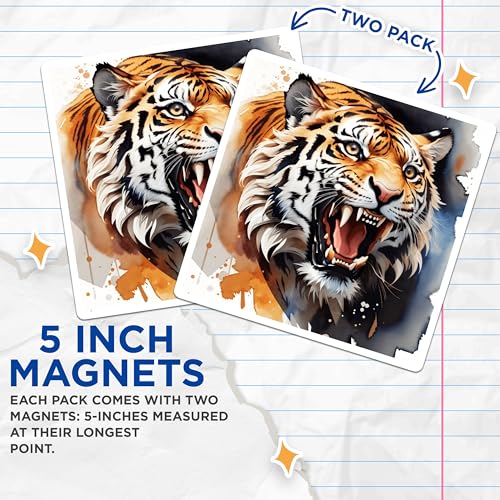 (2 Pack) Tiger Roaring Magnets Magnets - Animal Art - Wildlife Decor - 5" On Longest Side - Made in USA - Sticks to Refrigerators & Metal Surfaces - MAG8710