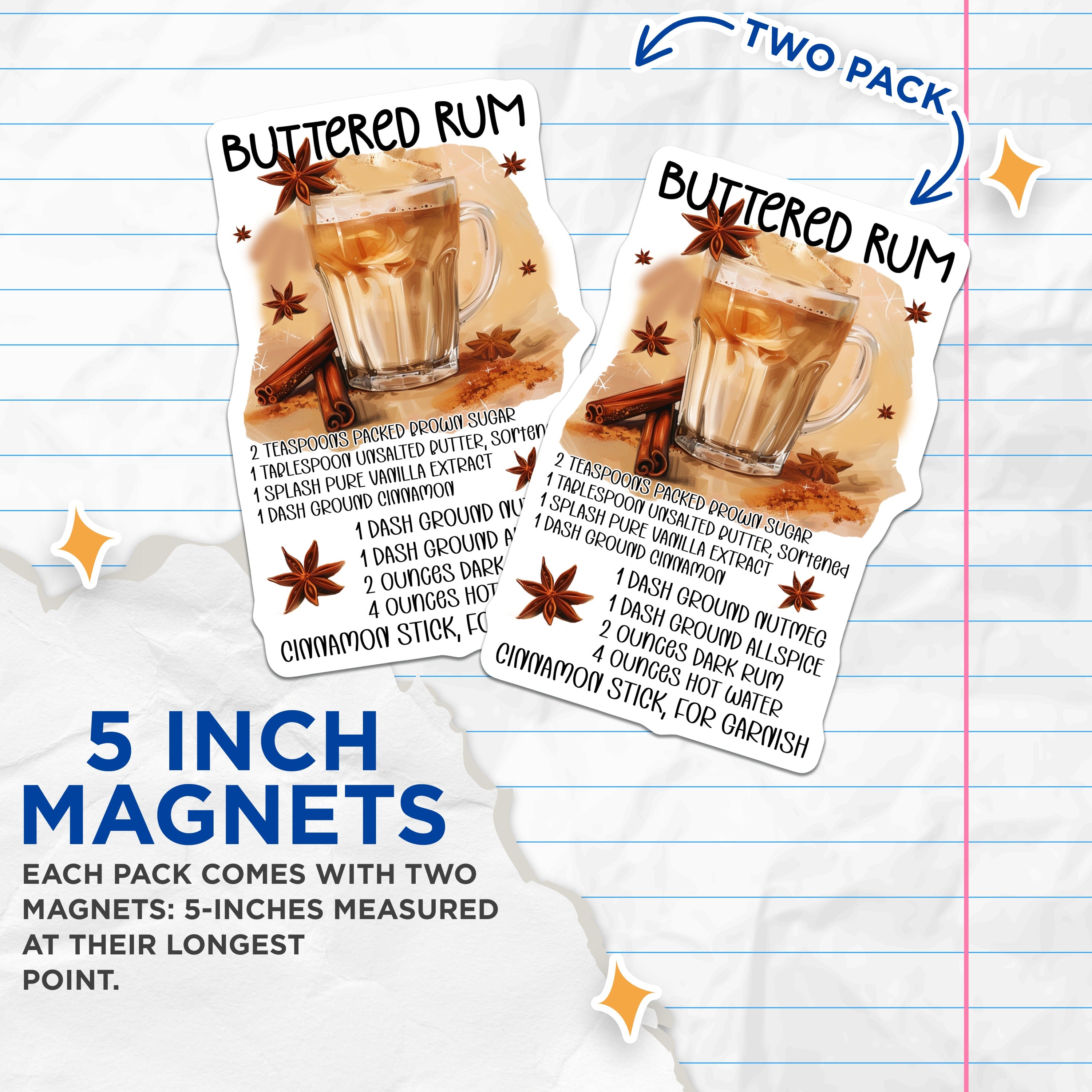 (2 Pack) Buttered Rum Recipe Magnets - Warm Cocktail Illustration - Cozy Fall Winter Drink Decor for Home Bar - 5 Inches On Longest Side - Thick Durable Magnet - Made in USA - MAG38599