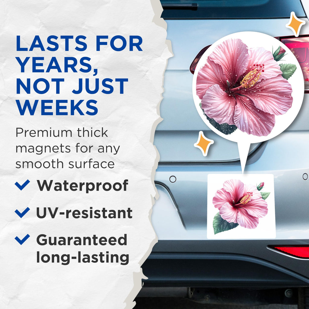 (2 Pack) Pink Hibiscus Magnets - Tropical Flower Decor - Botanical Fridge Accents - 5 Inches On Longest Side - Thick Durable Magnet - Made in USA - MAG26597