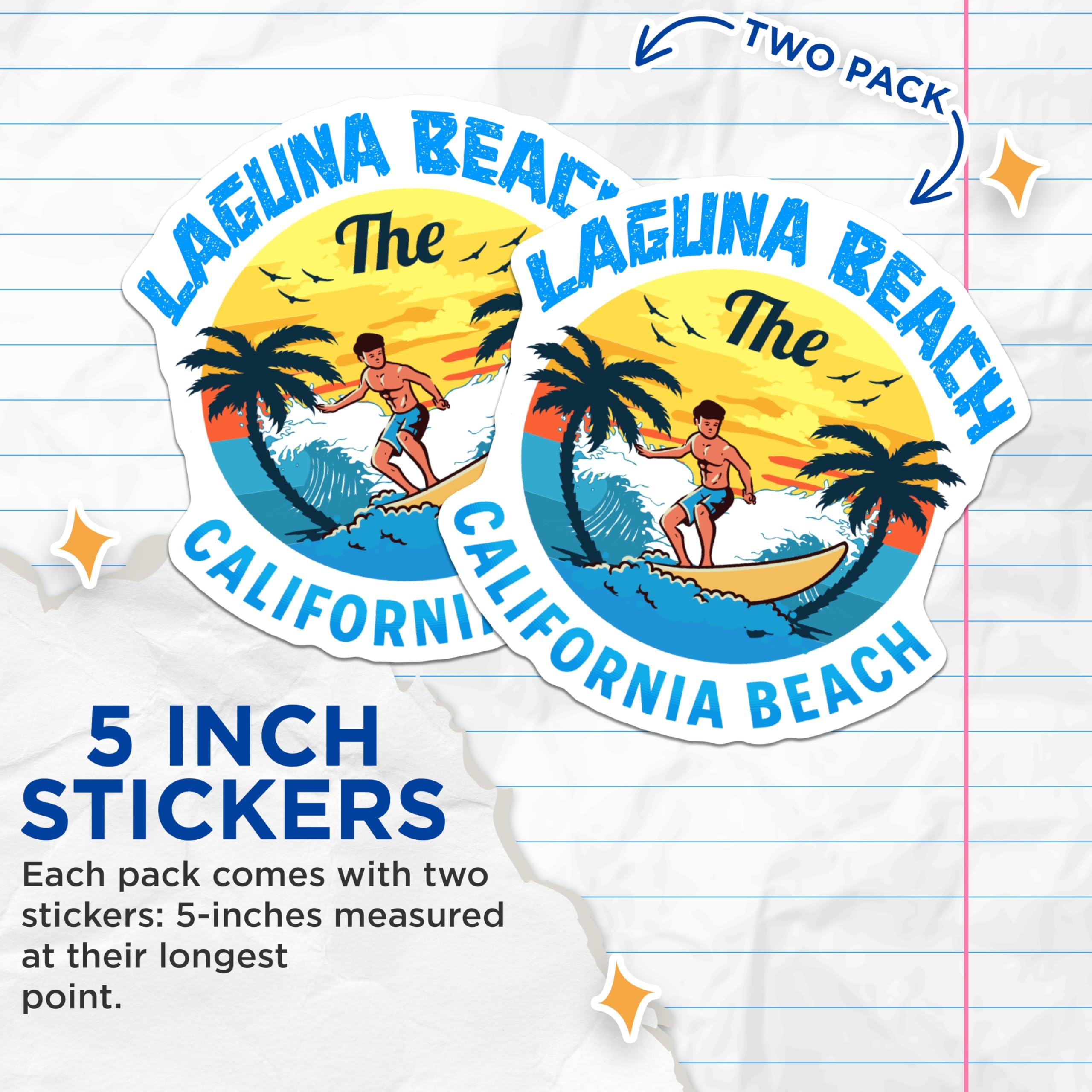 (2 Pack) Laguna Beach Stickers - California Beach Surfing - Travel Souvenir - 5" On Longest Side - Sticks to Smooth Flat Surfaces - Made in USA - BMCS17298