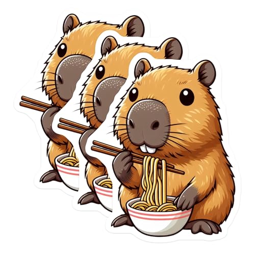 (3 Pack) Capybara Ramen Decals - Funny Rodent Stickers - Laptop Car Decals - 3 Inches On Longest Side - Easy Peel & Apply - Made in USA - 3MCS8683