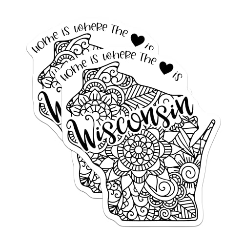 (2 Pack) Wisconsin State Mandala Stickers - Home is Where The Heart is - Detailed Black and White Art - 5" On Longest Side - Sticks to Smooth Flat Surfaces - Made in USA - BMCS9100