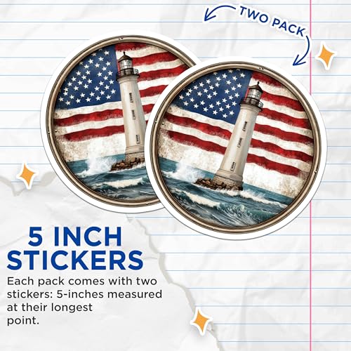 (2 Pack) Patriotic Lighthouse Stickers - American Flag Lighthouse - Coastal Themed Stickers - 5" On Longest Side - Sticks to Smooth Flat Surfaces - Made in USA - BMCS9451