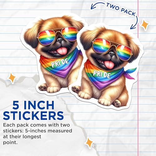 (2 Pack) Pride Dog Stickers - Cute Dog with Sunglasses - LGBTQ Pride Art - 5" On Longest Side - Sticks to Smooth Flat Surfaces - Made in USA - BMCS7064