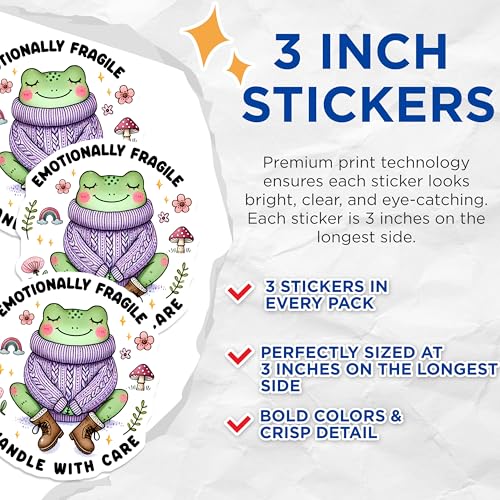 (3 Pack) Frog Decals - Emotionally Fragile - Laptop Decal - Cute Animal Stickers - Handle with Care Decals - 3 Inches On Longest Side - Easy Peel & Apply - Made in USA - 3MCS6376