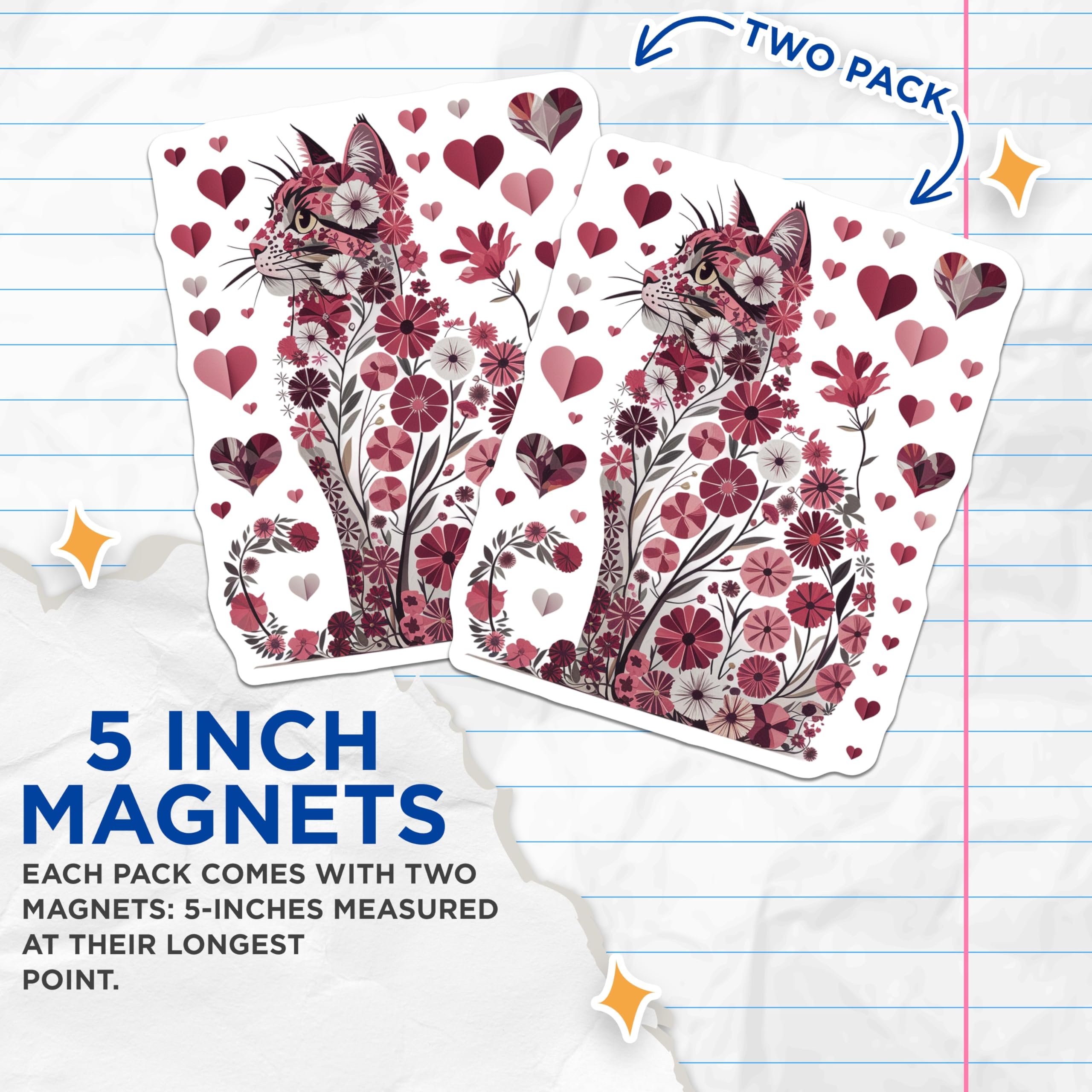 (2 Pack) Floral Cat Magnets - Heart Decor - Cute Kitten Refrigerator Magnets - 5" On Longest Side - Premium Magnet - for Cars, Refrigerators, Toolboxes, Lockers - Made in USA - MAG14929