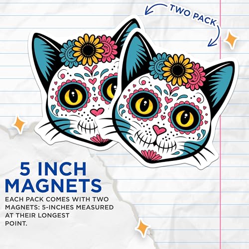 (2 Pack) Day of The Dead Cat Magnet - Colorful Cat Decor - 5" On Longest Side - Sticks to Smooth Flat Surfaces - Made in USA - MAG9462